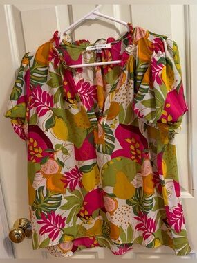 Rose & Olive Tropical Puff-Sleeve Blouse | L